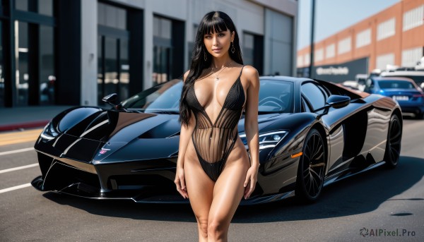 1girl,solo,long hair,breasts,looking at viewer,smile,bangs,large breasts,black hair,navel,cleavage,bare shoulders,brown eyes,jewelry,standing,collarbone,swimsuit,braid,thighs,earrings,outdoors,day,necklace,nail polish,blurry,black eyes,leotard,dark-skinned female,lips,one-piece swimsuit,makeup,blurry background,highleg,ground vehicle,building,revealing clothes,breasts apart,motor vehicle,highleg leotard,center opening,arms at sides,black one-piece swimsuit,highleg swimsuit,car,road,casual one-piece swimsuit,vehicle focus,plunging neckline,sports car,parted lips,blunt bangs,groin,tattoo,feet out of frame,shadow,piercing,crossed legs,lipstick,city,realistic,slingshot swimsuit,navel piercing