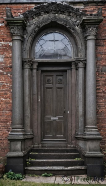 outdoors,day,no humans,window,grass,plant,scenery,stairs,door,wall,ruins,brick wall,pillar,arch,moss,gate,column,stone stairs,clock,bush,architecture,tower,brick