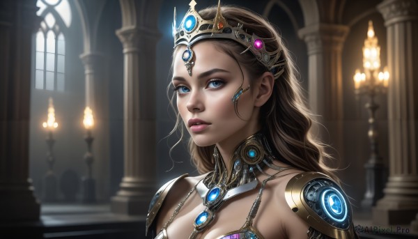 HQ,1girl,solo,long hair,breasts,looking at viewer,blue eyes,brown hair,cleavage,jewelry,medium breasts,upper body,parted lips,indoors,armor,blurry,lips,window,makeup,tiara,crown,gem,portrait,science fiction,realistic,nose,candle,blonde hair,shoulder armor,pillar,column