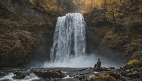 solo, shirt, 1boy, sitting, male focus, outdoors, pants, water, from behind, tree, nature, scenery, rock, waterfall