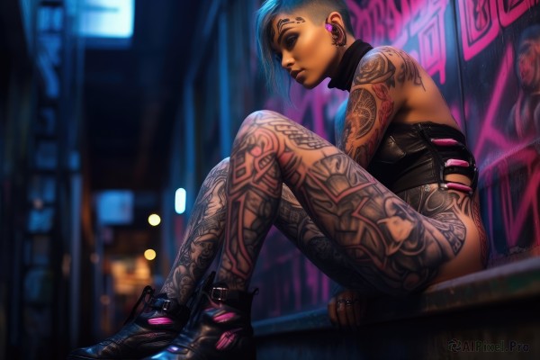 1girl,solo,breasts,short hair,thighhighs,bare shoulders,jewelry,sitting,closed mouth,blue hair,closed eyes,earrings,small breasts,shoes,black footwear,blurry,from side,lips,tattoo,makeup,night,blurry background,piercing,ring,sneakers,ear piercing,eyeshadow,asymmetrical hair,arm tattoo,shoulder tattoo,undercut,earphones,leg tattoo,earbuds,cyberpunk,neck tattoo,graffiti,neon lights,looking at viewer,black hair,outdoors,pants,dark skin,collar,dark-skinned female,turtleneck,realistic,nose,very short hair,facial tattoo,mascara,mohawk,black lips,nose piercing,full-body tattoo