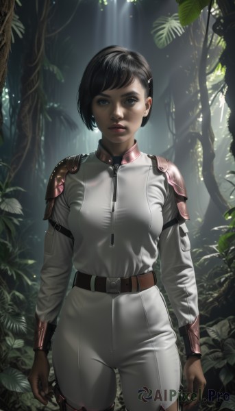 1girl,solo,breasts,looking at viewer,short hair,black hair,hair ornament,gloves,brown eyes,medium breasts,standing,cowboy shot,boots,outdoors,parted lips,hairclip,belt,pants,armor,black eyes,tree,lips,bodysuit,leaf,thigh boots,sunlight,plant,shoulder armor,nature,brown gloves,forest,pauldrons,light rays,realistic,nose,leather,shoulder pads,leather gloves,dark skin,dark-skinned female,dappled sunlight