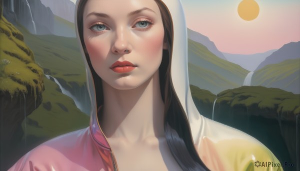 1girl,solo,long hair,looking at viewer,blush,blue eyes,brown hair,black hair,closed mouth,collarbone,jacket,outdoors,hood,water,lips,grey eyes,eyelashes,makeup,lipstick,portrait,hood up,mountain,realistic,nose,sun,red lips,waterfall