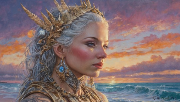 1girl,solo,long hair,blue eyes,hair ornament,jewelry,blue hair,white hair,grey hair,earrings,outdoors,sky,cloud,water,necklace,lips,makeup,ocean,facial mark,looking away,beach,cloudy sky,crown,lipstick,gem,portrait,sunset,realistic,nose,sun,horizon,red lips,looking afar,gold,closed mouth,from side,eyelashes,tattoo,profile,facepaint,looking ahead,waves,gold chain