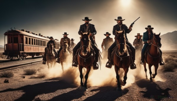 hat,holding,weapon,male focus,outdoors,multiple boys,holding weapon,gun,animal,parody,ground vehicle,holding gun,motor vehicle,rifle,handgun,smoke,6+boys,riding,horse,cowboy hat,revolver,fedora,trench coat,train,desert,horseback riding,cowboy western,saddle,necktie,road,multiple others,people