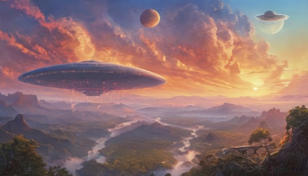A striking sunset outdoors featuring the elegance of a spacecraft