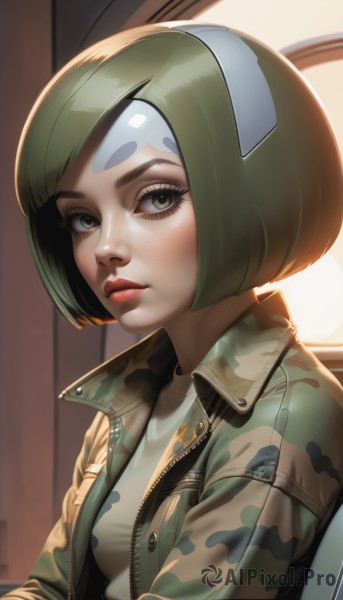 1girl,solo,breasts,looking at viewer,short hair,bangs,shirt,closed mouth,green eyes,jacket,upper body,hairband,small breasts,green hair,open clothes,artist name,open jacket,lips,eyelashes,makeup,headband,bob cut,thick eyebrows,zipper,freckles,green jacket,nose,unzipped,leather,camouflage,camouflage jacket,white shirt,indoors,window,backlighting,realistic,leather jacket