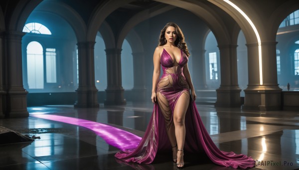 HQ,1girl,solo,long hair,breasts,looking at viewer,large breasts,brown hair,black hair,dress,cleavage,bare shoulders,jewelry,standing,purple eyes,water,nail polish,high heels,lips,legs,window,makeup,sandals,lipstick,purple dress,reflection,curly hair,pillar,reflective floor,brown eyes,realistic,dirty,evening gown