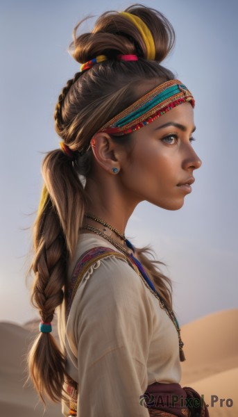 1girl,solo,long hair,breasts,blue eyes,brown hair,shirt,hair ornament,long sleeves,twintails,brown eyes,jewelry,white shirt,upper body,braid,earrings,outdoors,parted lips,sky,day,dark skin,necklace,blurry,twin braids,from side,dark-skinned female,lips,sash,eyelashes,single braid,profile,blurry background,headband,piercing,ear piercing,beads,realistic,nose,hair tie,looking afar,hair beads,multi-tied hair,desert,multiple braids,black hair,teeth,artist name,looking away,stud earrings,tribal