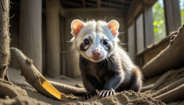 HQ,solo,looking at viewer,blue eyes,closed mouth,day,indoors,blurry,black eyes,no humans,window,depth of field,blurry background,animal,cat,claws,realistic,animal focus,mouse,whiskers,brown eyes,signature,ruins