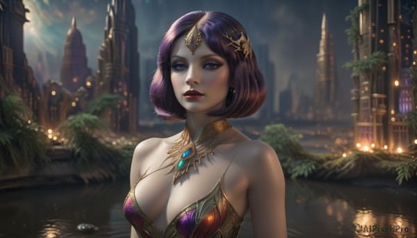 1girl,solo,breasts,looking at viewer,short hair,bangs,blue eyes,brown hair,hair ornament,cleavage,bare shoulders,jewelry,medium breasts,collarbone,upper body,purple hair,earrings,outdoors,parted lips,sky,water,necklace,blurry,lips,eyelashes,makeup,night,blurry background,moon,tiara,plant,lipstick,building,gem,reflection,city,realistic,nose,red lips,river,castle,tower,dress,artist name,cloud,cloudy sky,scenery