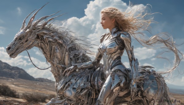 1girl, solo, long hair, blonde hair, outdoors, sky, day, cloud, blurry, blue sky, lips, bodysuit, profile, floating hair, robot, science fiction, mountain, realistic, dragon, riding