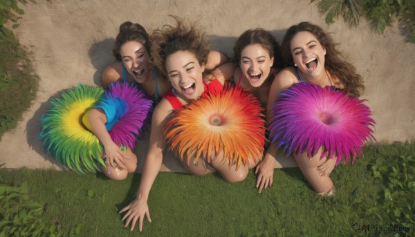 long hair,smile,open mouth,multiple girls,brown hair,black hair,bare shoulders,jewelry,swimsuit,closed eyes,ponytail,flower,:d,bikini,outdoors,teeth,day,dark skin,hair bun,dark-skinned female,kneeling,4girls,shadow,leaf,upper teeth only,from above,happy,grass,5girls,plant,facing viewer,pink flower,curly hair,laughing,on ground,very dark skin,dreadlocks,earrings,tears,siblings,tank top,mother and daughter