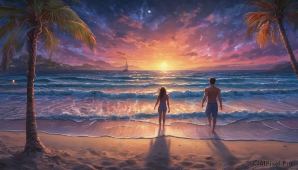 1girl, long hair, short hair, brown hair, black hair, 1boy, swimsuit, outdoors, sky, barefoot, cloud, water, from behind, tree, one-piece swimsuit, dutch angle, shadow, ocean, beach, star (sky), scenery, starry sky, walking, sunset, sand, palm tree, sun, horizon, male swimwear, waves, swim trunks, footprints