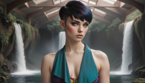 1girl,solo,breasts,looking at viewer,blush,short hair,black hair,cleavage,bare shoulders,brown eyes,jewelry,medium breasts,collarbone,upper body,earrings,parted lips,water,hair bun,mole,lips,makeup,lipstick,eyeshadow,realistic,nose,waterfall,bangs,eyelashes,blood,swept bangs,thick eyebrows,towel,breasts apart,zipper,freckles,asymmetrical hair,pink lips,eyeliner,facepaint