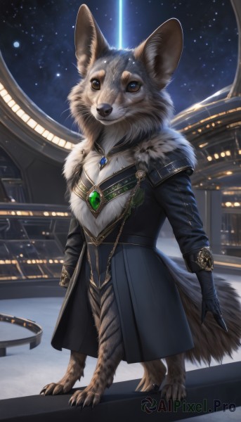 solo,looking at viewer,blue eyes,gloves,long sleeves,brown eyes,jewelry,standing,tail,full body,outdoors,sky,black gloves,artist name,necklace,coat,fur trim,no humans,night,animal,brooch,building,gem,star (sky),night sky,claws,furry,pendant,starry sky,black coat,fantasy,animal focus,white fur,fur,blue gemstone,clothed animal,grey fur,dog,realistic