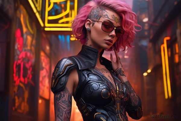 1girl,solo,breasts,looking at viewer,short hair,cleavage,jewelry,medium breasts,upper body,pink hair,earrings,parted lips,glasses,hand up,dark skin,nail polish,blurry,dark-skinned female,lips,fingernails,clothing cutout,tattoo,makeup,blurry background,piercing,sunglasses,ring,ear piercing,black nails,arm tattoo,tinted eyewear,facial tattoo,cyberpunk,neck tattoo,neon lights,red hair,armor,full-body tattoo