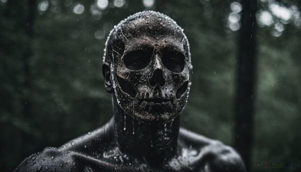 solo,looking at viewer,1boy,male focus,outdoors,water,blurry,wet,no humans,mask,depth of field,blurry background,portrait,facing viewer,1other,rain,monster,water drop,realistic,alien,upper body,skull,horror (theme)