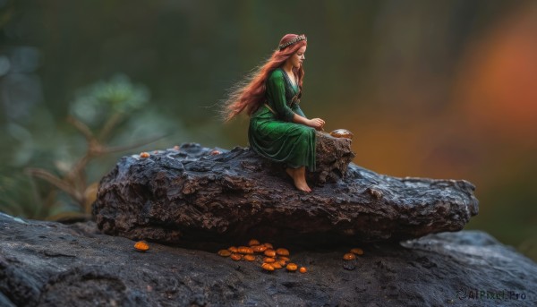 1girl,solo,long hair,brown hair,dress,sitting,outdoors,barefoot,blurry,from side,tree,profile,fruit,depth of field,blurry background,nature,green dress,rock,realistic,dirty feet,jewelry,pink hair,flower,red hair,egg,fine art parody