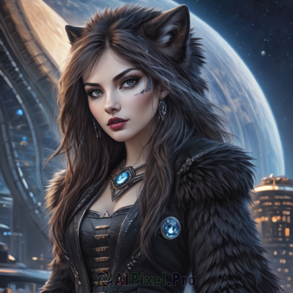 1girl,solo,long hair,breasts,looking at viewer,brown hair,black hair,animal ears,cleavage,jewelry,medium breasts,jacket,upper body,earrings,outdoors,open clothes,sky,artist name,cat ears,necklace,lips,black jacket,grey eyes,fur trim,makeup,night,moon,lipstick,building,gem,star (sky),night sky,full moon,starry sky,freckles,realistic,nose,red lips,badge,button badge,parted lips,eyelashes,facial mark,wolf ears,eyeshadow,city,mascara