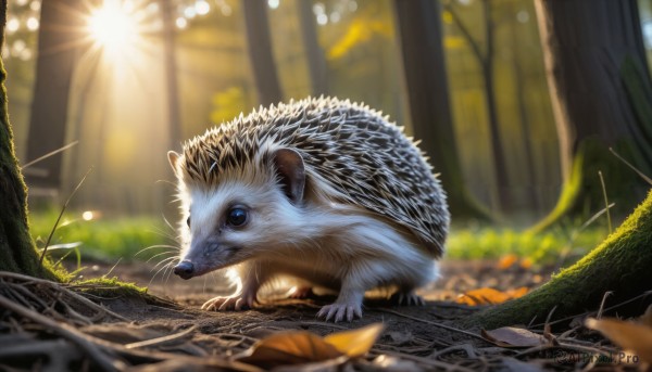 HQ,solo,blue eyes,outdoors,day,signature,blurry,tree,no humans,depth of field,blurry background,animal,leaf,sunlight,grass,nature,lens flare,forest,light rays,realistic,sun,branch,animal focus,whiskers,mouse