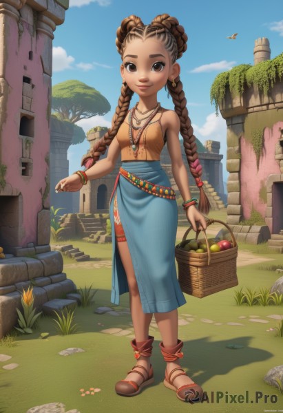 1girl,solo,long hair,breasts,looking at viewer,smile,skirt,brown hair,bare shoulders,brown eyes,jewelry,standing,full body,braid,multicolored hair,earrings,small breasts,outdoors,food,sky,shorts,sleeveless,day,artist name,cloud,dark skin,necklace,twin braids,bracelet,two-tone hair,dark-skinned female,tree,blue sky,lips,blue skirt,fruit,shadow,bird,watermark,brown footwear,sandals,grass,forehead,rock,anklet,apple,basket,bangle,ruins,multiple braids,dress,holding,very long hair,flower,thigh strap,thick eyebrows,side slit,long skirt,orange (fruit),dreadlocks,holding basket,tribal