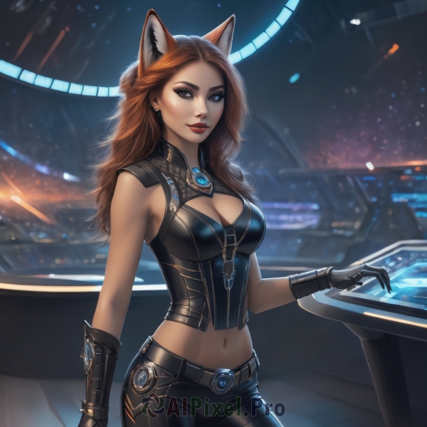 1girl,solo,long hair,breasts,looking at viewer,blue eyes,large breasts,brown hair,gloves,navel,animal ears,cleavage,bare shoulders,brown eyes,jewelry,medium breasts,cowboy shot,earrings,sleeveless,black gloves,midriff,belt,pants,artist name,cat ears,blurry,lips,clothing cutout,makeup,blurry background,heterochromia,black pants,cleavage cutout,lipstick,red lips,smile,closed mouth,standing,signature,stomach,crop top,fox ears,night,wavy hair,thick eyebrows,instrument,buckle,backlighting,freckles,curly hair,belt buckle,realistic,nose,stud earrings,piano,grand piano