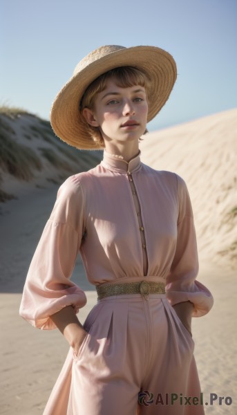 1girl,solo,looking at viewer,short hair,blue eyes,brown hair,black hair,long sleeves,hat,dress,jewelry,standing,cowboy shot,earrings,outdoors,parted lips,sky,day,belt,pants,white dress,blurry,blue sky,lips,see-through,blurry background,sun hat,realistic,hands in pockets,straw hat,desert,shirt,1boy,male focus,white pants