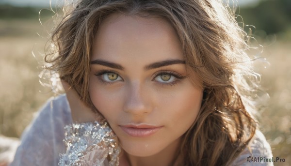 1girl,solo,long hair,looking at viewer,smile,blonde hair,brown hair,shirt,long sleeves,brown eyes,closed mouth,yellow eyes,blurry,lips,eyelashes,depth of field,blurry background,wavy hair,light smile,portrait,close-up,freckles,curly hair,head rest,realistic,nose,outdoors,parted lips,day,wind,hand on own face,hand on own cheek