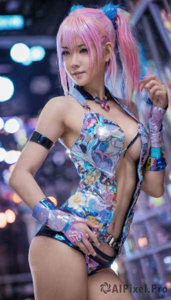 1girl,solo,long hair,breasts,looking at viewer,smile,hair ornament,gloves,navel,cleavage,brown eyes,jewelry,medium breasts,ponytail,pink hair,choker,fingerless gloves,necklace,nail polish,blurry,leotard,lips,blurry background,ring,pink nails,realistic,center opening,bare shoulders,twintails,standing,cowboy shot,belt,hand on hip,armband