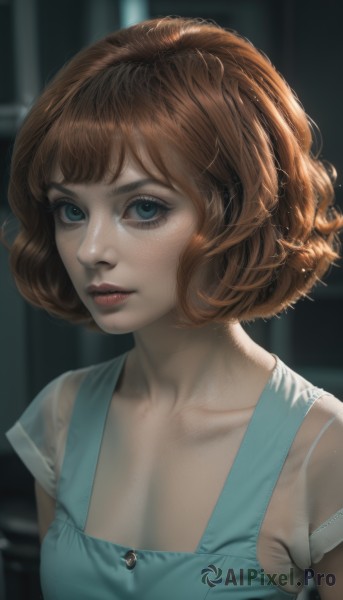 1girl,solo,breasts,looking at viewer,short hair,bangs,blue eyes,brown hair,shirt,dress,cleavage,medium breasts,closed mouth,collarbone,upper body,small breasts,artist name,blurry,lips,see-through,eyelashes,makeup,blurry background,watermark,freckles,curly hair,realistic,nose,sleeveless,blue dress