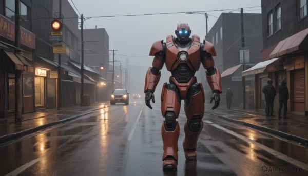 blue eyes,standing,outdoors,multiple boys,solo focus,military,no humans,glowing,robot,ground vehicle,building,mecha,glowing eyes,motor vehicle,reflection,walking,science fiction,rain,city,sign,realistic,car,road,police,power lines,street,utility pole,open hands,traffic light,radio antenna,truck,looking at viewer,sky,scenery,lamppost,lights,crosswalk