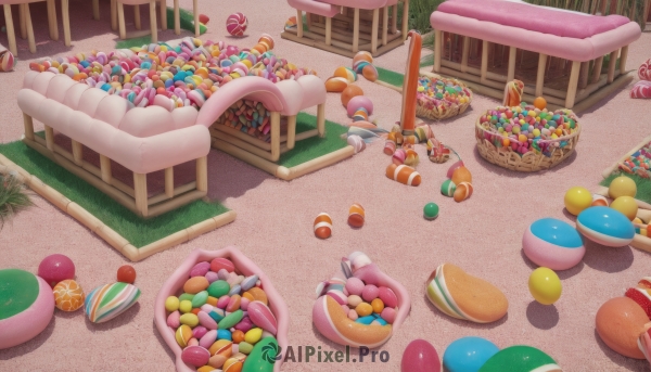 outdoors,food,no humans,shadow,chair,table,grass,candy,scenery,ball,fence,basket,egg,macaron,easter egg,day,indoors,food focus,candy cane,easter