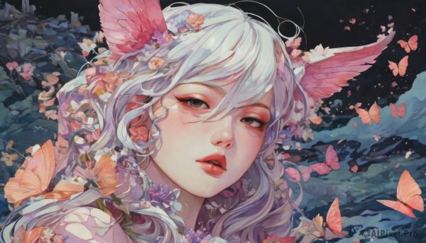 1girl,solo,long hair,looking at viewer,bangs,hair ornament,hair between eyes,brown eyes,flower,white hair,parted lips,wings,hair flower,black eyes,lips,petals,makeup,bug,head wings,butterfly,portrait,pink flower,freckles,red lips,realistic,nose,purple flower