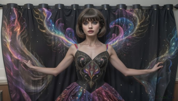 1girl,solo,breasts,looking at viewer,short hair,bangs,skirt,brown hair,dress,bare shoulders,brown eyes,collarbone,wings,artist name,indoors,lips,makeup,watermark,outstretched arms,curtains,web address,spread arms,tutu,blue eyes,standing,small breasts,parted lips,sleeveless,corset,realistic,nose,curtain grab