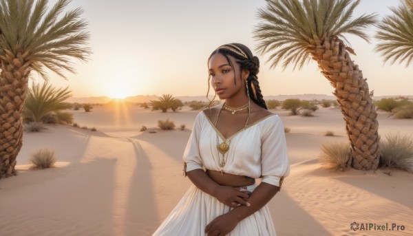 1girl,solo,long hair,breasts,smile,black hair,dress,cleavage,brown eyes,jewelry,standing,collarbone,braid,short sleeves,hairband,earrings,outdoors,day,puffy sleeves,dark skin,necklace,white dress,black eyes,dark-skinned female,tree,lips,shadow,looking away,beach,sunlight,ring,forehead,sunset,realistic,sand,palm tree,very dark skin,desert,sky,nail polish,puffy short sleeves,own hands together,grass,scenery,dreadlocks