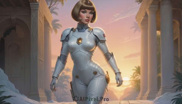 1girl,solo,breasts,short hair,bangs,brown hair,gloves,brown eyes,medium breasts,standing,cowboy shot,outdoors,sky,artist name,cloud,blunt bangs,armor,tree,lips,looking to the side,bodysuit,watermark,looking away,sunlight,bob cut,shoulder armor,building,skin tight,web address,backlighting,walking,science fiction,pauldrons,sunset,breastplate,nose,palm tree,sun,ruins,shoulder pads,white bodysuit,pillar,orange sky,spacesuit,column,looking at viewer,parted lips,plant,gauntlets