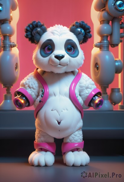 solo,looking at viewer,smile,navel,standing,full body,pink eyes,no humans,animal,robot,red background,white fur,straight-on,robot joints,bear,panda,purple eyes,jacket,white hair,bag,backpack,furry,mechanical arms,single mechanical arm