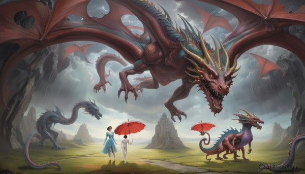 1girl,short hair,multiple girls,brown hair,black hair,1boy,dress,holding,2girls,standing,tail,outdoors,japanese clothes,wings,horns,sky,teeth,cloud,umbrella,cloudy sky,grass,rain,monster,holding umbrella,dragon,oil-paper umbrella,parasol,castle,red umbrella,shared umbrella,eastern dragon,open mouth,skirt,shirt,thighhighs,long sleeves,yellow eyes,white shirt,shoes,day,pants,black footwear,looking at another,blue dress,glowing,fangs,sharp teeth,building,scenery,glowing eyes,claws,spikes,flying,walking,mountain,white pants,fantasy,size difference,scales,grey sky,overcast