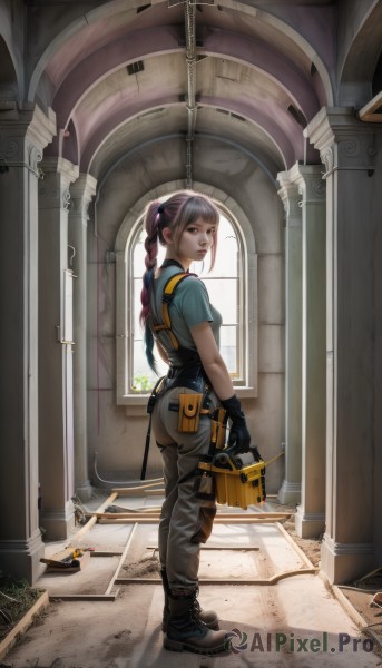 1girl,solo,long hair,looking at viewer,brown hair,shirt,gloves,holding,twintails,brown eyes,standing,full body,ponytail,weapon,pink hair,ass,braid,short sleeves,boots,black gloves,looking back,pants,indoors,from behind,black footwear,twin braids,lips,window,sunlight,blue shirt,pouch,realistic,overalls,dirty,wrench,breasts,bangs,hair ornament,multicolored hair,small breasts,belt,holding weapon,gun,t-shirt,nose,tools