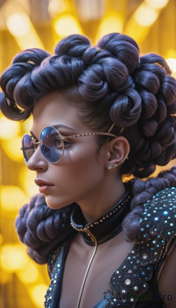 1girl,solo,breasts,short hair,blue eyes,black hair,hair ornament,dress,cleavage,jewelry,collarbone,upper body,multicolored hair,earrings,parted lips,glasses,sleeveless,choker,artist name,dark skin,necklace,hair bun,mole,blurry,dark-skinned female,lips,looking to the side,eyelashes,mole under eye,double bun,profile,makeup,blurry background,watermark,looking away,piercing,half-closed eyes,sunglasses,lipstick,ear piercing,portrait,backlighting,curly hair,realistic,nose,round eyewear,tinted eyewear,very dark skin,mascara,dreadlocks,aviator sunglasses,blue-tinted eyewear,purple-tinted eyewear,blue hair,depth of field,zipper,bokeh,yellow-framed eyewear