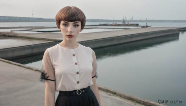 1girl,solo,breasts,looking at viewer,short hair,bangs,skirt,brown hair,shirt,brown eyes,jewelry,closed mouth,standing,white shirt,upper body,short sleeves,earrings,outdoors,parted lips,day,belt,blunt bangs,black skirt,water,lips,see-through,tattoo,makeup,buttons,lipstick,realistic,red lips,shirt tucked in,watercraft,bridge,boat,smile,ocean,black belt,lake,photo background