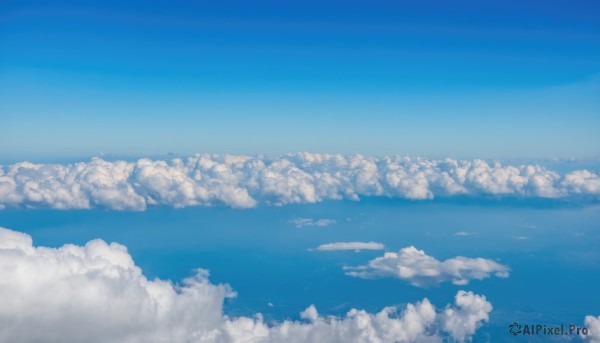 monochrome,outdoors,sky,day,cloud,water,blue sky,no humans,ocean,cloudy sky,scenery,blue theme,horizon,above clouds