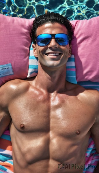 solo,looking at viewer,smile,black hair,1boy,nipples,collarbone,upper body,male focus,lying,teeth,shiny,on back,water,grin,pillow,muscular,facial hair,abs,sunglasses,pectorals,muscular male,goggles,topless male,realistic,pool,short hair,artist name,bara,facing viewer,beard,large pectorals,mustache,manly,tinted eyewear,chest hair