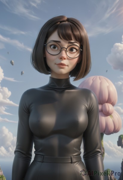 1girl,solo,breasts,looking at viewer,smile,short hair,bangs,brown hair,shirt,long sleeves,brown eyes,medium breasts,closed mouth,standing,upper body,flower,outdoors,sky,glasses,day,belt,artist name,cloud,blue sky,lips,black shirt,bodysuit,turtleneck,watermark,bob cut,thick eyebrows,cloudy sky,web address,freckles,black-framed eyewear,rock,realistic,nose,round eyewear,arms at sides,black bodysuit,covered nipples,skin tight