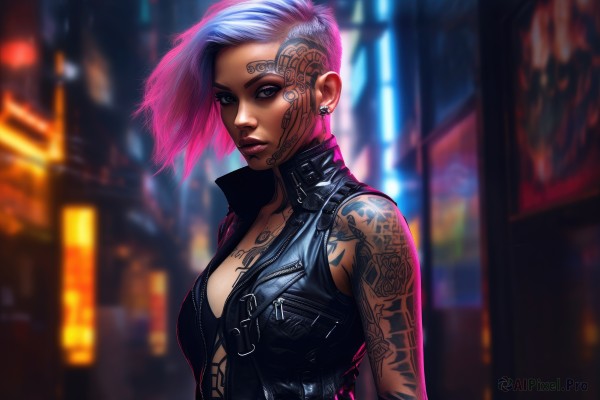 1girl,solo,breasts,looking at viewer,short hair,blue eyes,cleavage,jewelry,medium breasts,jacket,upper body,pink hair,multicolored hair,earrings,parted lips,open clothes,sleeveless,blurry,two-tone hair,lips,grey eyes,tattoo,makeup,blurry background,piercing,ear piercing,asymmetrical hair,nose,arm tattoo,undercut,facial tattoo,cyberpunk,neck tattoo,purple hair,small breasts,dark skin,vest,high collar,city,mohawk