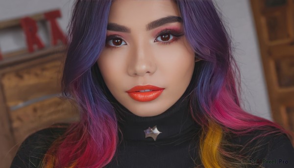 1girl,solo,long hair,looking at viewer,smile,blonde hair,brown eyes,pink hair,purple hair,multicolored hair,parted lips,choker,indoors,star (symbol),blurry,two-tone hair,sweater,lips,eyelashes,gradient hair,makeup,blurry background,turtleneck,lipstick,portrait,eyeshadow,realistic,red lips,eyeliner,black sweater,mascara,teeth,artist name,streaked hair,depth of field,close-up,forehead,nose