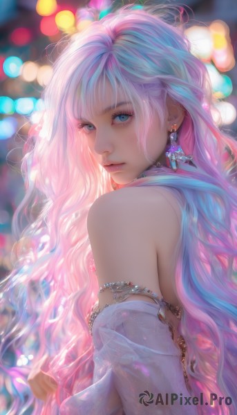 1girl,solo,long hair,breasts,looking at viewer,bangs,blue eyes,dress,bare shoulders,jewelry,very long hair,closed mouth,blue hair,upper body,pink hair,multicolored hair,earrings,detached sleeves,looking back,white dress,blurry,from side,lips,see-through,eyelashes,depth of field,blurry background,wavy hair,gem,realistic,nose,bokeh,artist name,signature,blunt bangs,necklace,strapless,gradient hair,makeup,watermark,expressionless,mascara