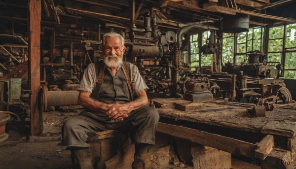 solo,looking at viewer,shirt,1boy,sitting,white shirt,weapon,white hair,male focus,boots,pants,indoors,vest,window,facial hair,scar,own hands together,beard,scar on face,mustache,manly,old,old man,grey hair,gun,chair,suspenders,scenery,realistic,own hands clasped,steampunk,broken window