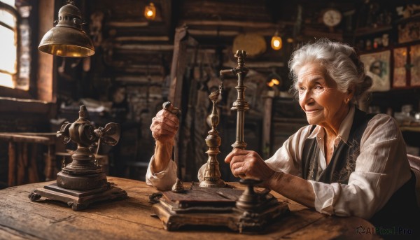 1girl,solo,smile,blue eyes,shirt,long sleeves,1boy,holding,sitting,white shirt,upper body,white hair,grey hair,male focus,indoors,blurry,vest,window,depth of field,blurry background,facial hair,chair,table,single hair bun,black vest,realistic,clock,lamp,old,chess piece,old man,old woman,wrinkled skin,jewelry,earrings,collared shirt,hair bun,book,scar,sleeves rolled up,sleeves pushed up